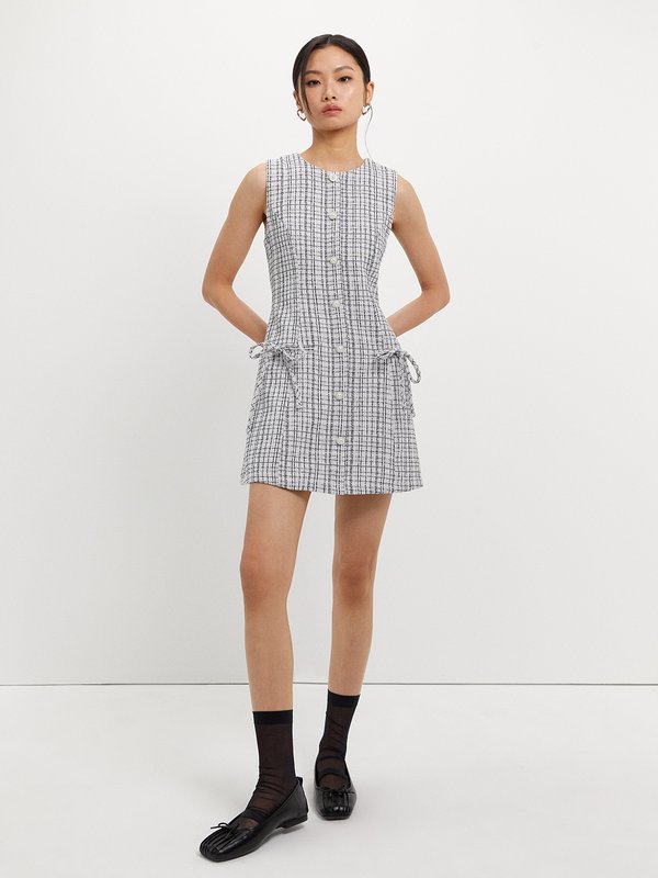 Pomelo Pomelo Tweed Pearl Button Bow Dress - White