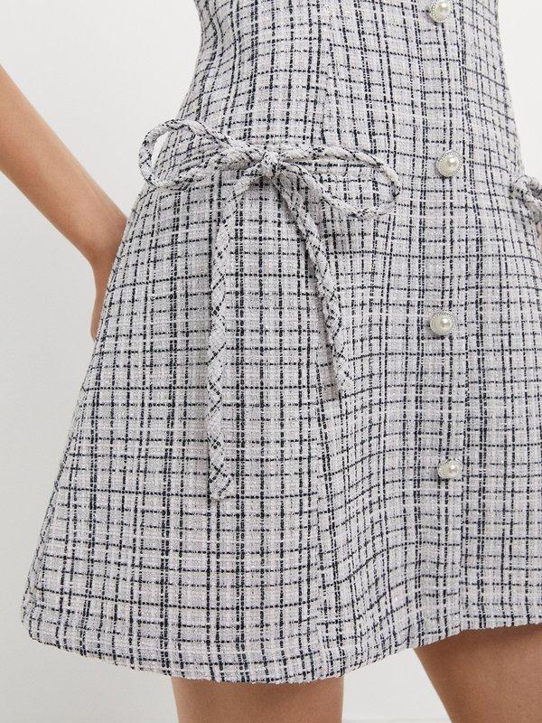 Pomelo Pomelo Tweed Pearl Button Bow Dress - White