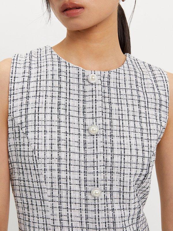 Pomelo Pomelo Tweed Pearl Button Bow Dress - White