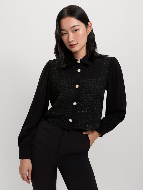 pomelo Pomelo Tweed Pearl Button Top - Black