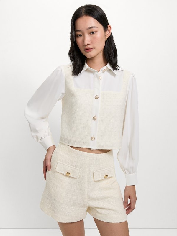 Pomelo Pomelo Tweed Pearl Button Top - Ivory