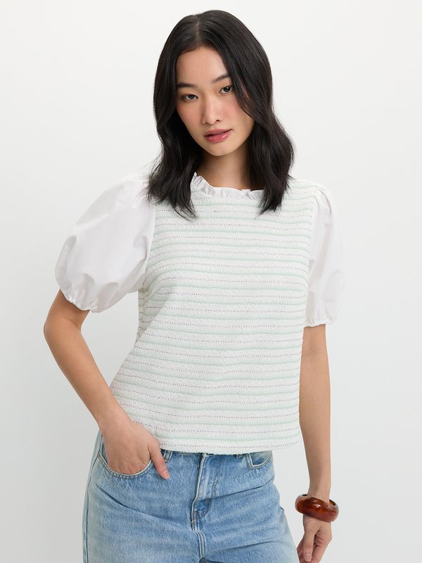 pomelo Pomelo Tweed Puff Sleeve Top - Light Green