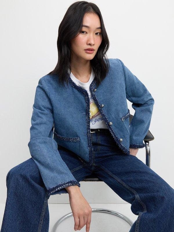Pomelo Pomelo Tweed Trim Denim Jacket - Blue