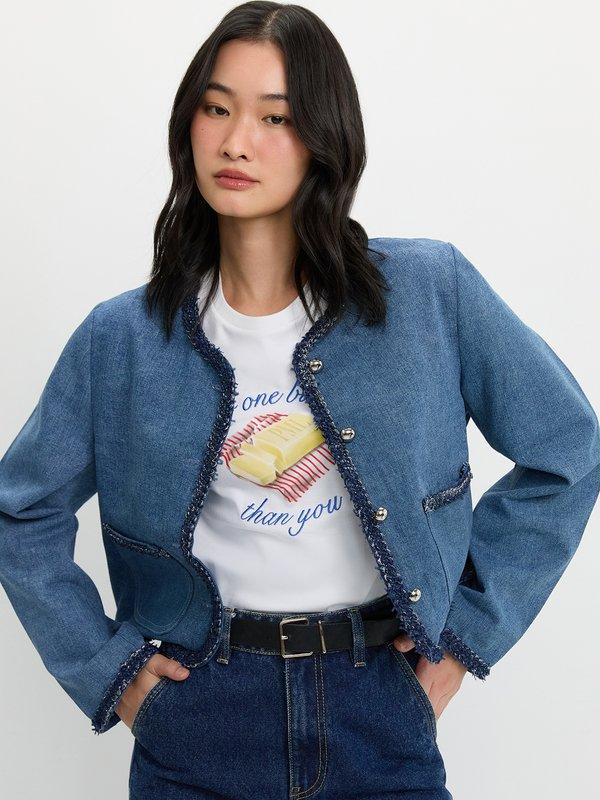 pomelo Pomelo Tweed Trim Denim Jacket - Blue