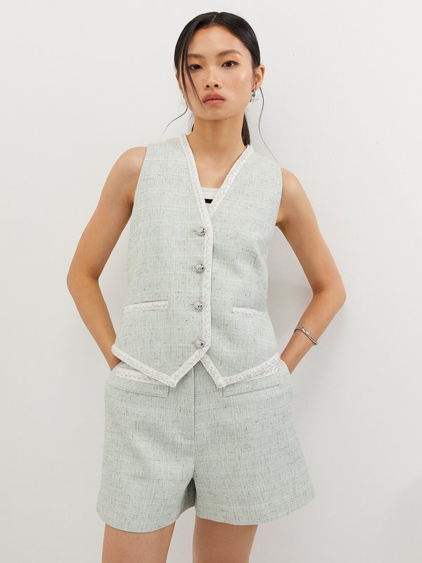 pomelo Pomelo Tweed Vest with Trim - Green