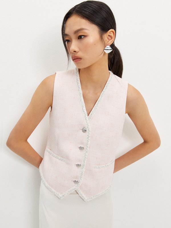 pomelo Pomelo Tweed Vest with Trim - Pink