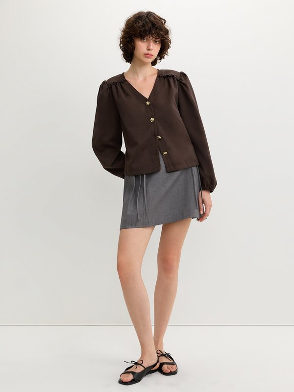 Pomelo Pomelo V-Neck Button-Up Blouse - Brown