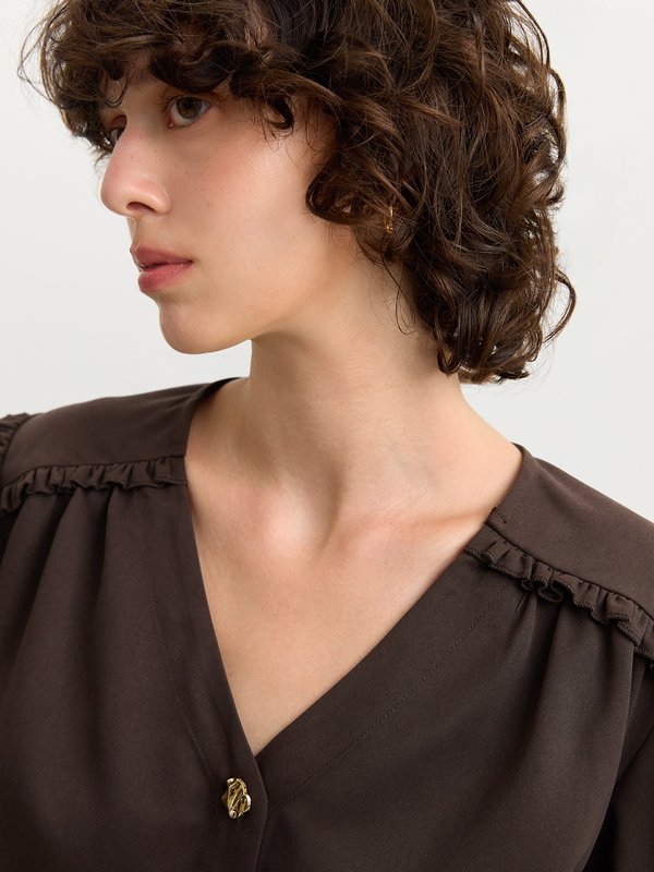 Pomelo Pomelo V-Neck Button-Up Blouse - Brown