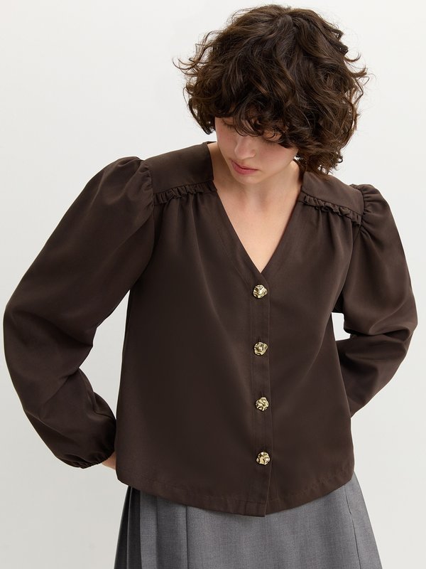 pomelo Pomelo V-Neck Button-Up Blouse - Brown