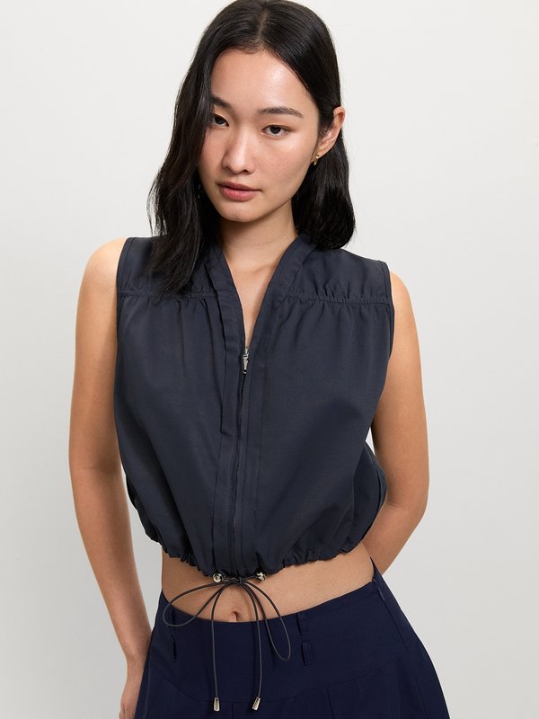 pomelo Pomelo V-Neck Drawstring Top - Navy