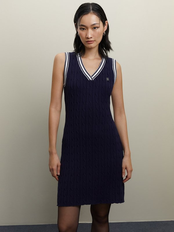 pomelo Pomelo V-Neck Knit Dress - Navy