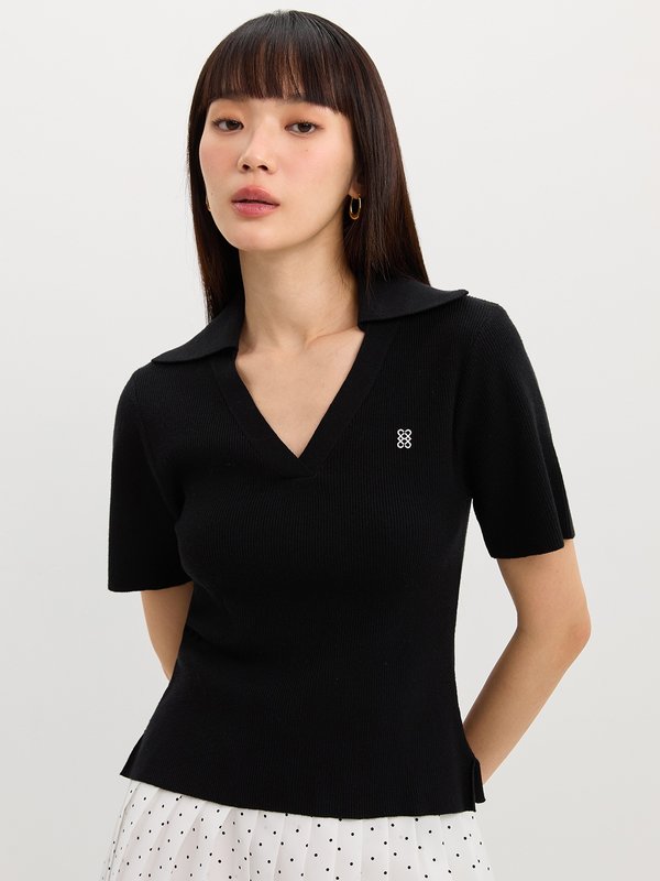 pomelo Pomelo V-Neck Knit Top - Black