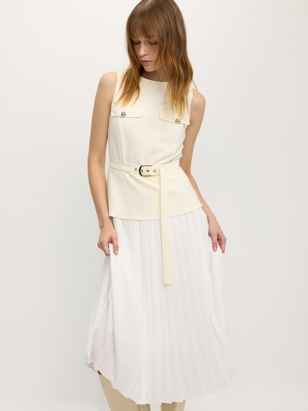 Pomelo Pomelo Vest And Pleated Skirt Dress - Ivory