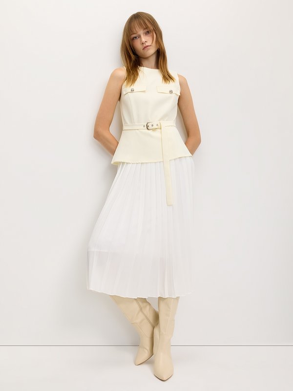 pomelo Pomelo Vest and Pleated Skirt Dress - Ivory