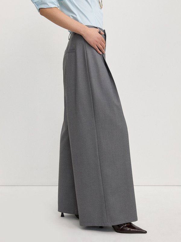 Pomelo Pomelo Wide Leg Pleated Trousers - Light Grey