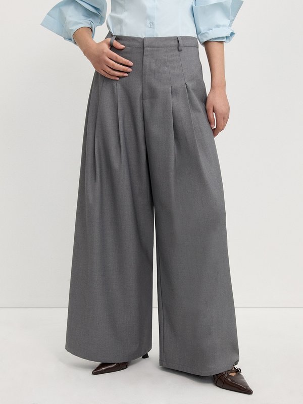 Pomelo Pomelo Wide Leg Pleated Trousers - Light Grey
