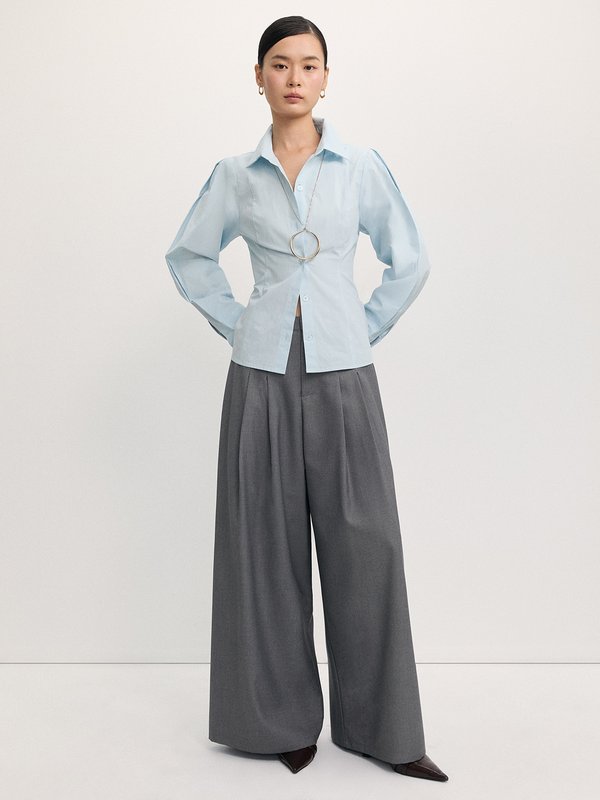 pomelo Pomelo Wide Leg Pleated Trousers - Light Grey