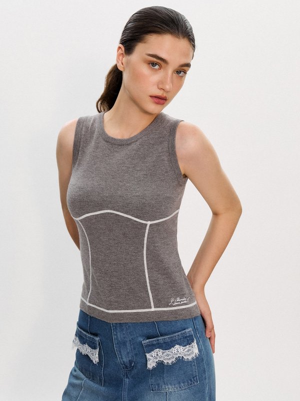 Pomelo Pomelo Pomelo. X Janesuda Contrast Trim Top - Mid Grey