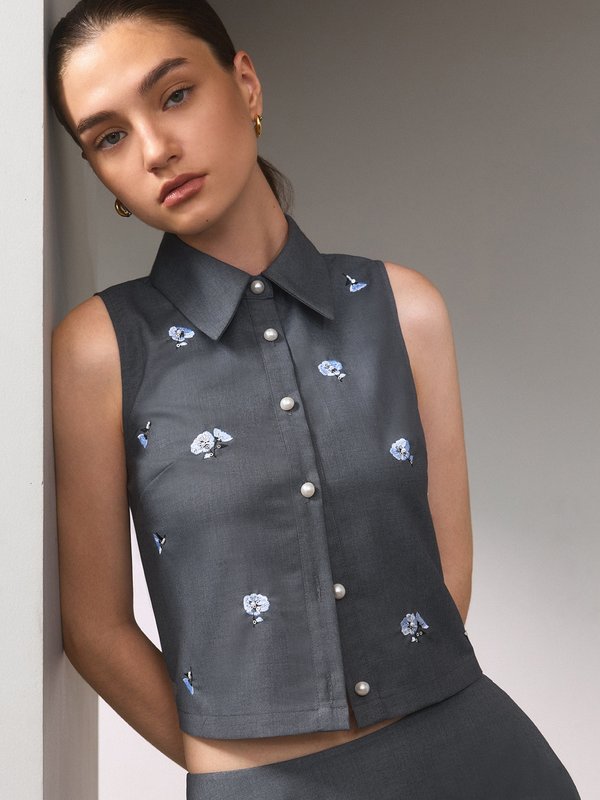 Pomelo Pomelo Pomelo. X Janesuda Embroidered Floral Top - Mid Grey