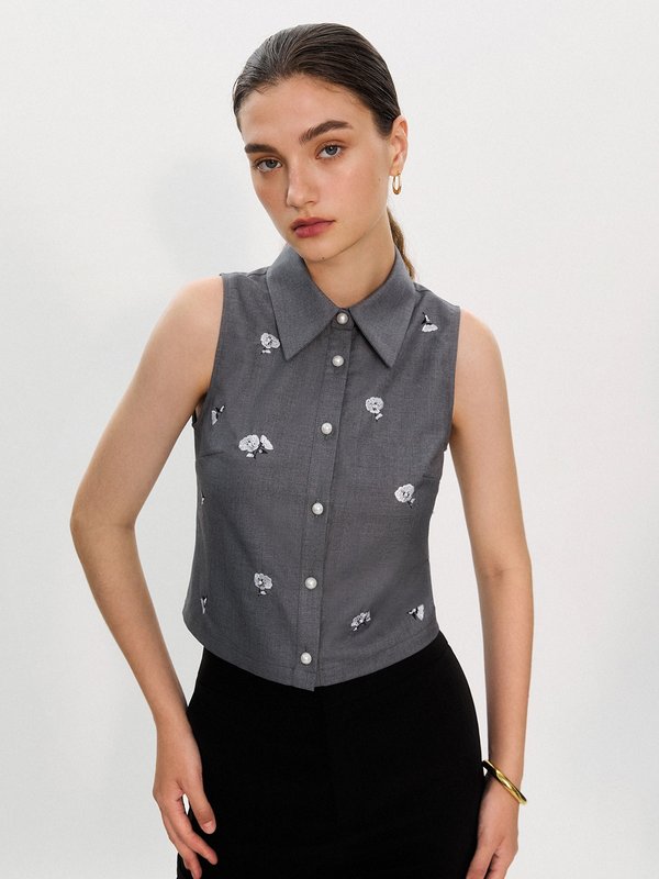 Pomelo Pomelo Pomelo. X Janesuda Embroidered Floral Top - Mid Grey