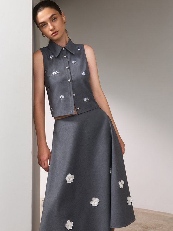 Pomelo Pomelo Pomelo. X Janesuda Embroidered Floral Top - Mid Grey