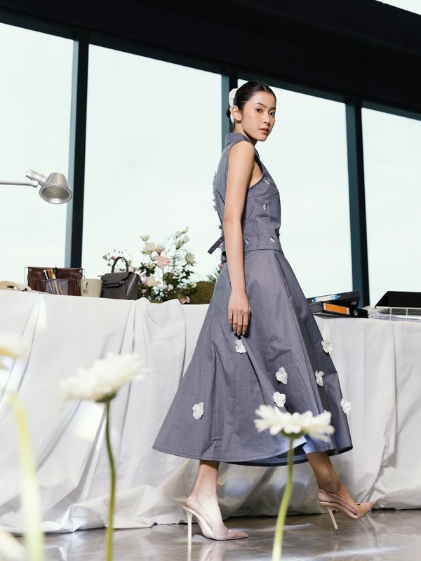 Pomelo Pomelo Pomelo. X Janesuda Floral Applique Skirt - Mid Grey