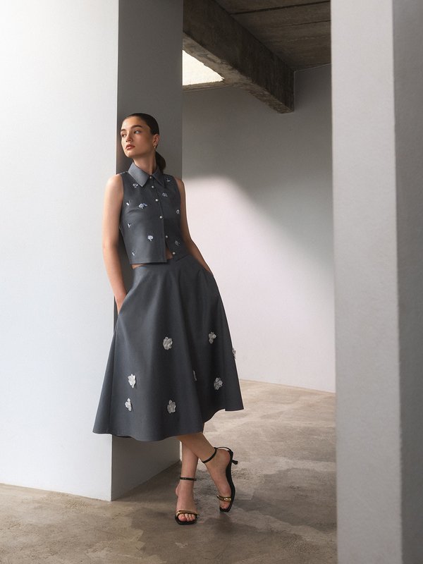 pomelo Pomelo Pomelo. x Janesuda Floral Applique Skirt - Mid Grey