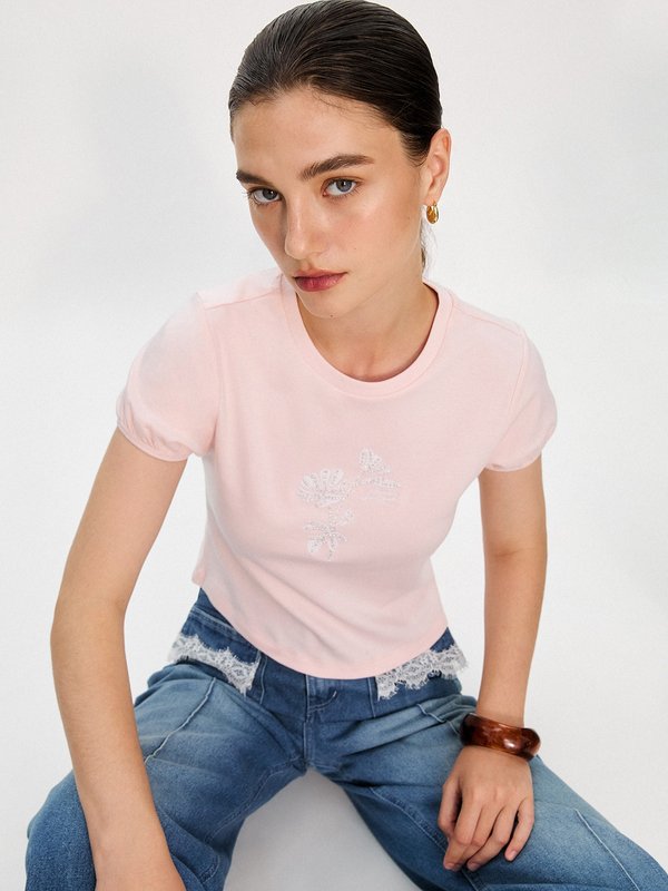 Pomelo Pomelo Pomelo. X Janesuda Floral Puff Sleeve Top - Light Pink