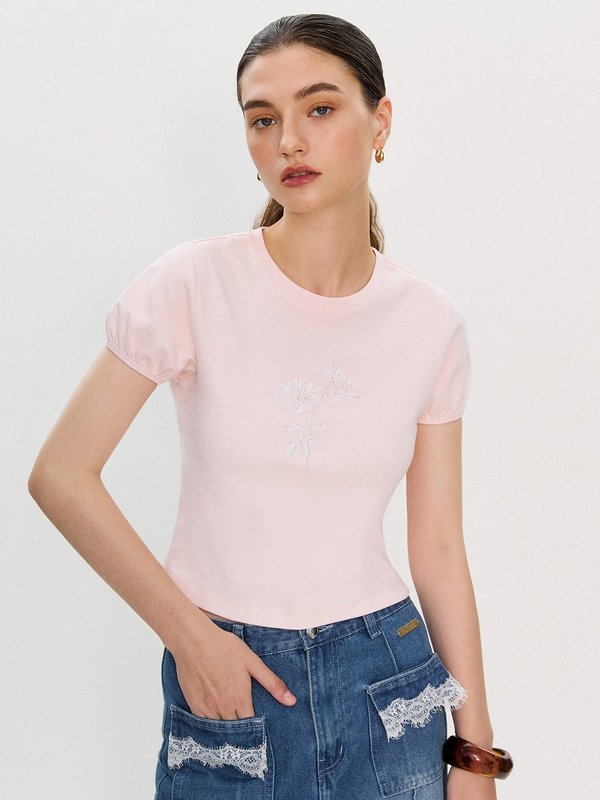 pomelo Pomelo Pomelo. x Janesuda Floral Puff Sleeve Top - Light Pink