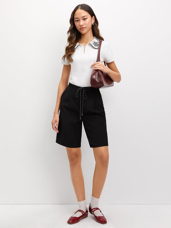 Pomelo Pomelo Zip Collar Knit Top - Off-White