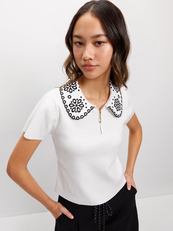 pomelo Pomelo Zip Collar Knit Top - Off-White