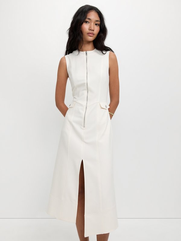 pomelo Pomelo Zip Front Slit Midi Dress - White