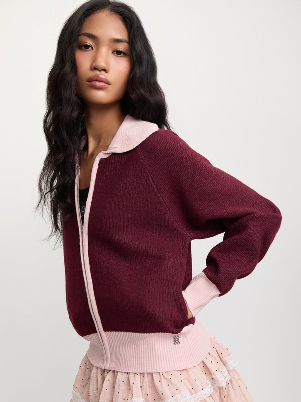 Pomelo Pomelo Zip-Up Collar Cardigan - Burgundy