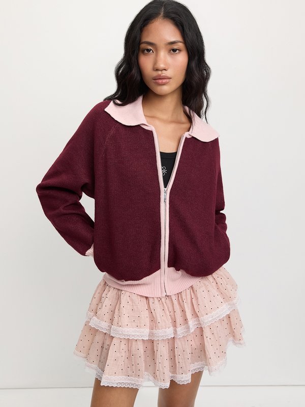 pomelo Pomelo Zip-Up Collar Cardigan - Burgundy