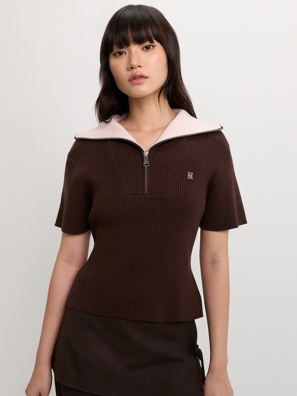 Pomelo Pomelo Zip-Up Ribbed Polo Top - Brown