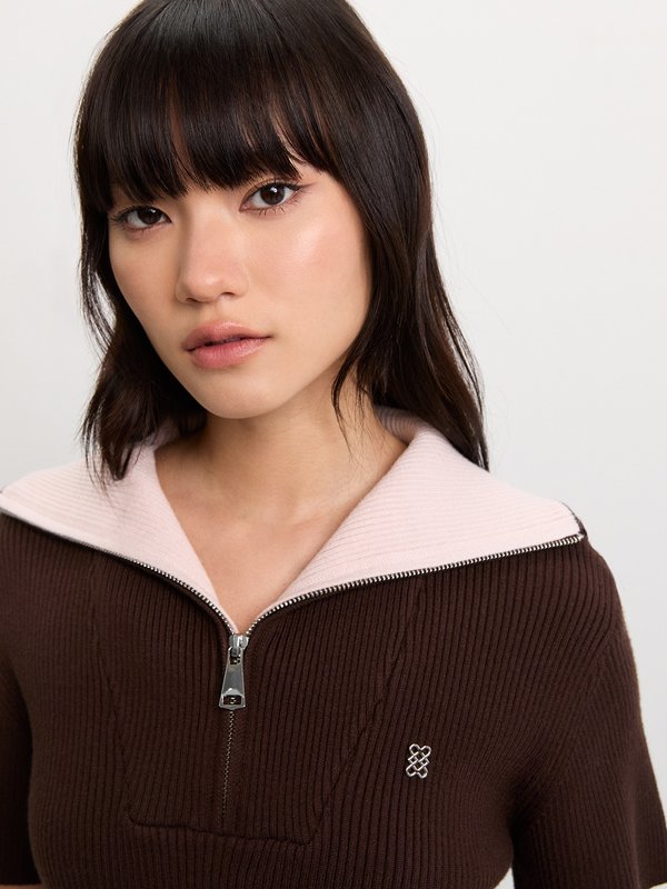 Pomelo Pomelo Zip-Up Ribbed Polo Top - Brown