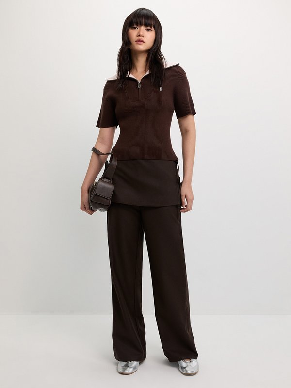 Pomelo Pomelo Zip-Up Ribbed Polo Top - Brown