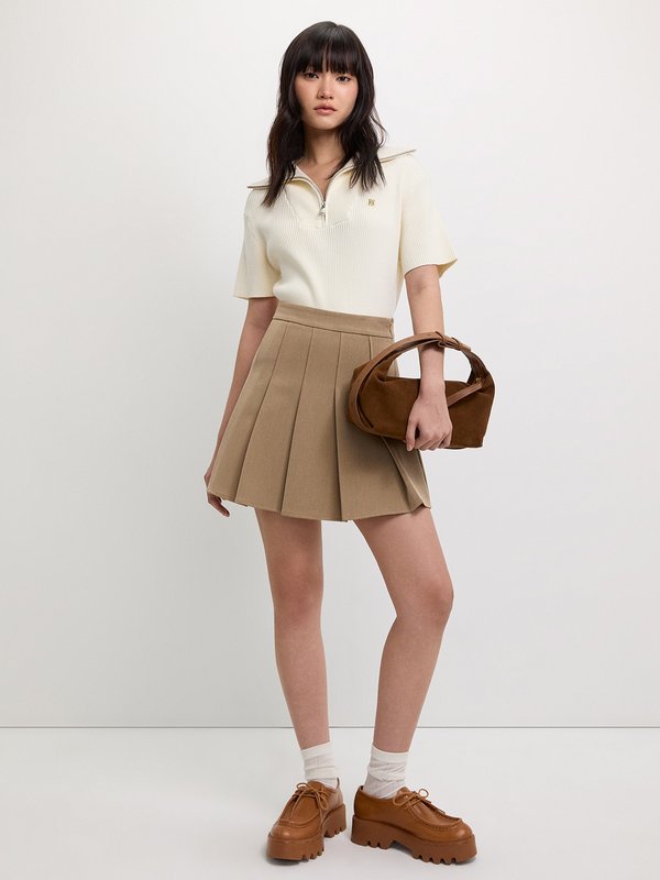 Pomelo Pomelo Zip-Up Ribbed Polo Top - Ivory