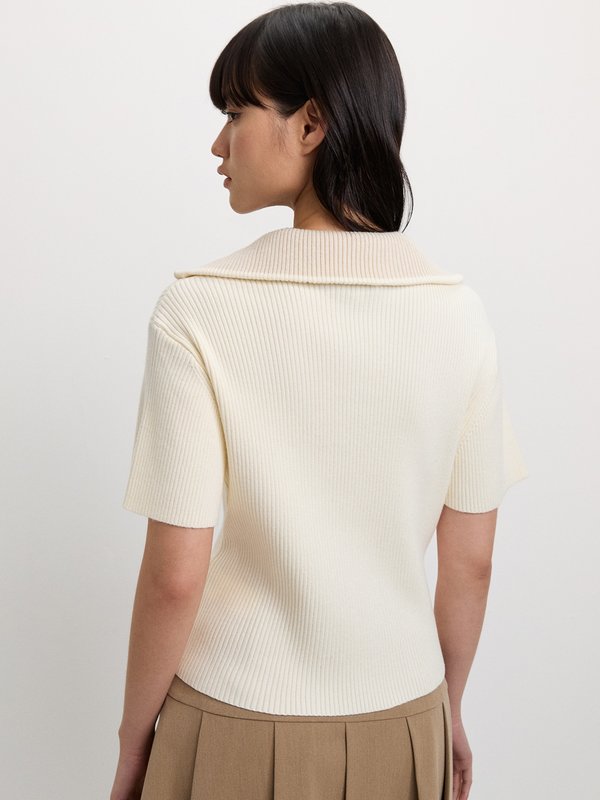 Pomelo Pomelo Zip-Up Ribbed Polo Top - Ivory