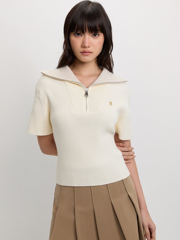 pomelo Pomelo Zip-Up Ribbed Polo Top - Ivory