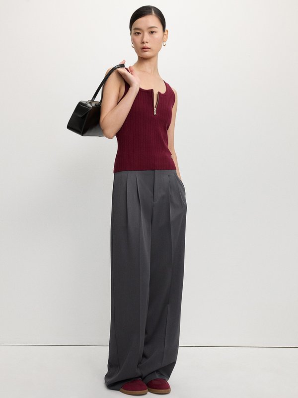 Pomelo Pomelo Zip-Up Ribbed Tank Top - Burgundy