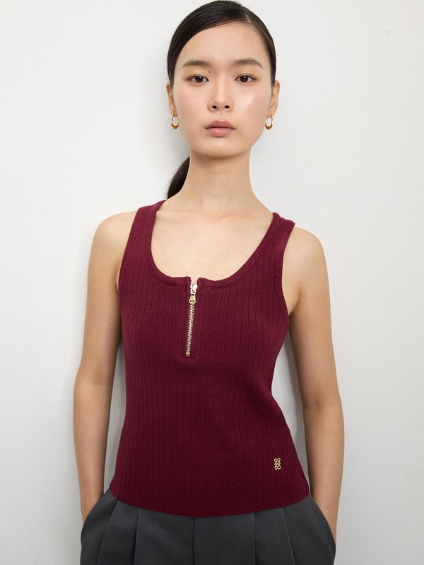 pomelo Pomelo Zip-Up Ribbed Tank Top - Burgundy