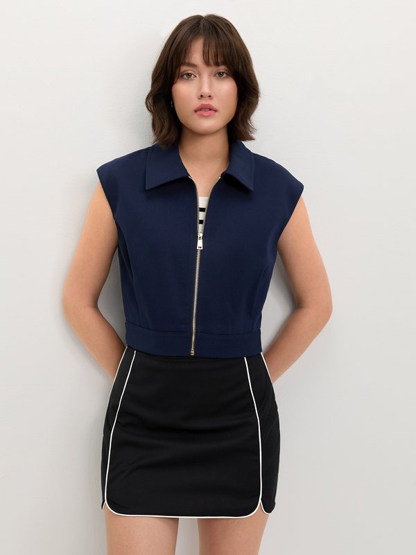 pomelo Pomelo Zipped Crop Vest - Navy