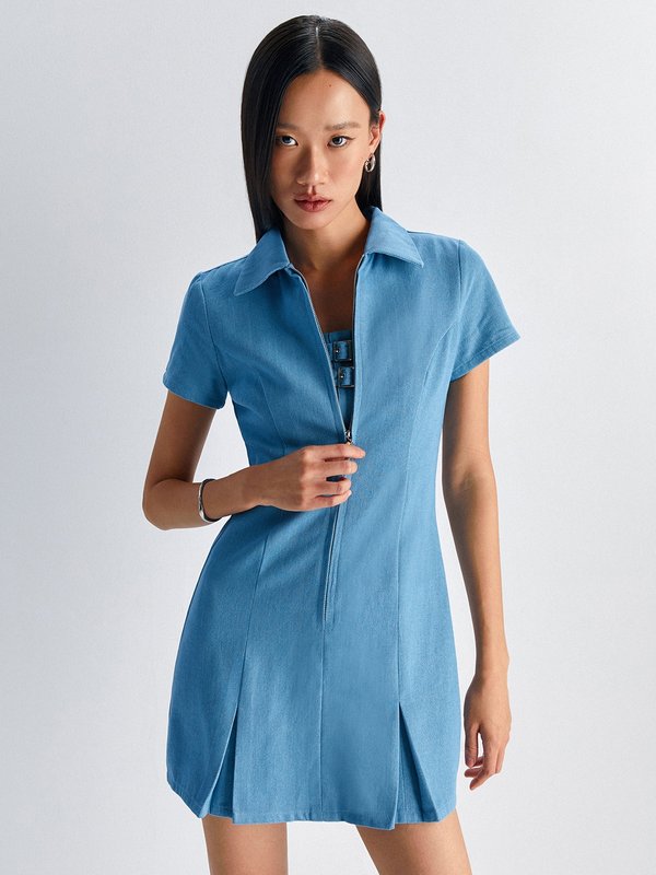 Pomelo Pomelo Zipper Denim Mini Dress - Light Blue