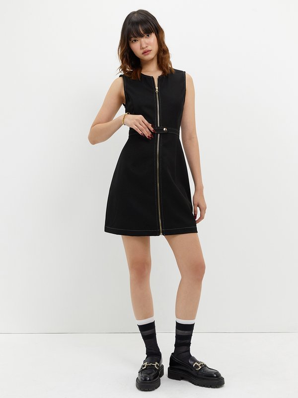 Pomelo Pomelo Zippered Contrast Stitch Dress - Black