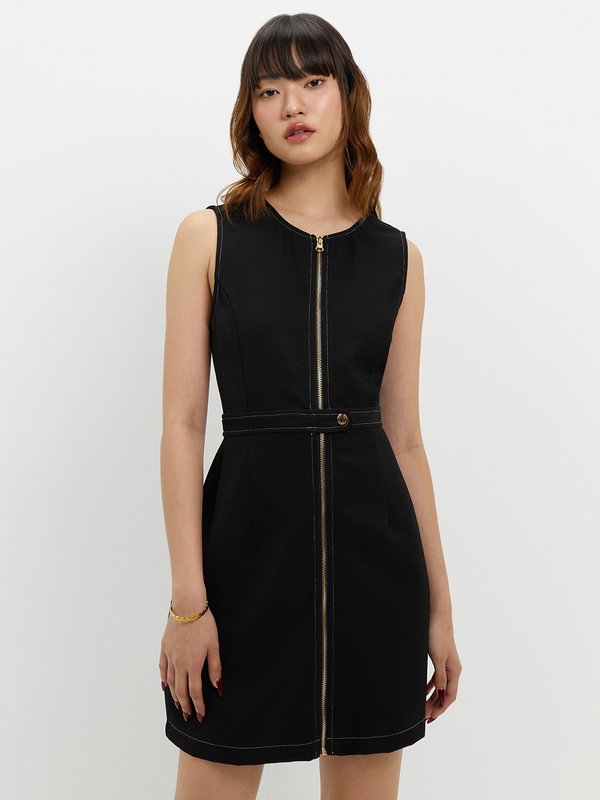 pomelo Pomelo Zippered Contrast Stitch Dress - Black