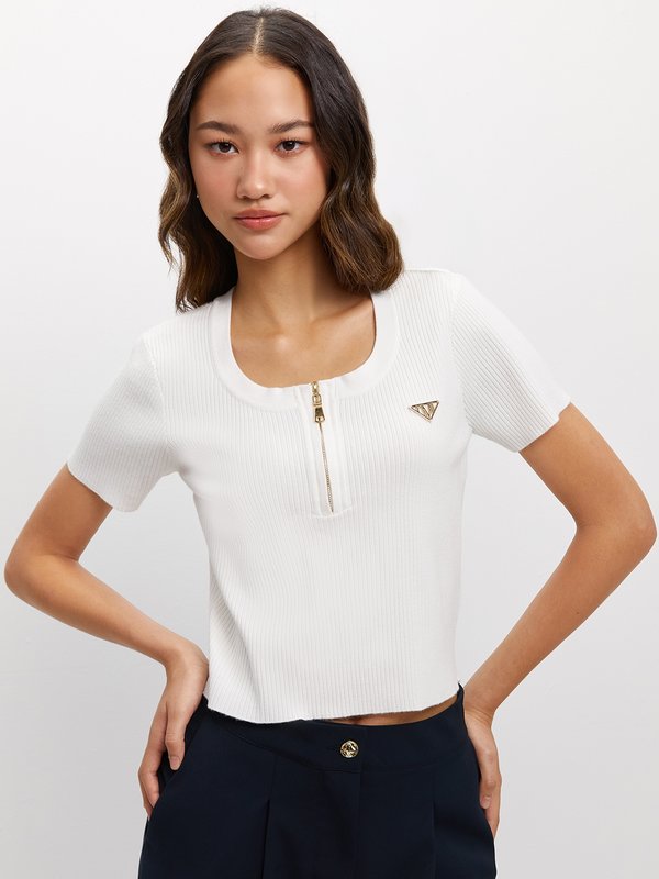 pomelo Pomelo Zippered Ribbed Top - White