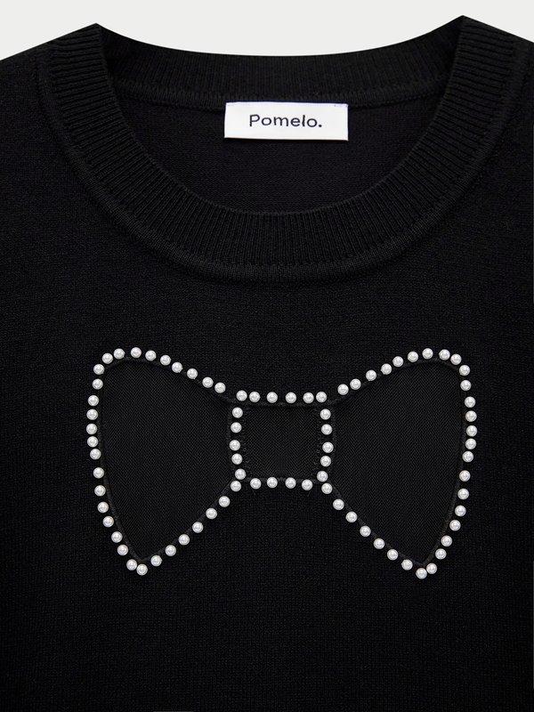 Pomelo Pomelo Puff Sleeve Bow Embellished Crop Top - Black