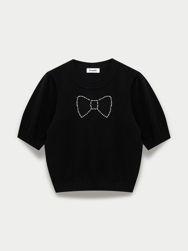 pomelo Pomelo Puff Sleeve Bow Embellished Crop Top - Black