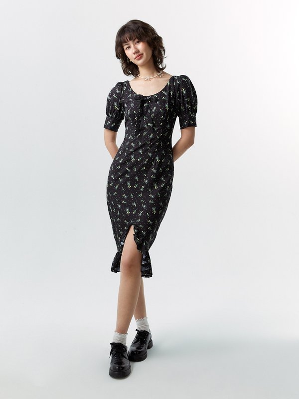 Pomelo Pomelo Puffed Sleeve Floral Midi Dress - Black